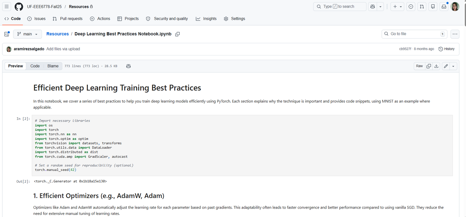 Jupyter notebook teaching resource for efficient deep learning training