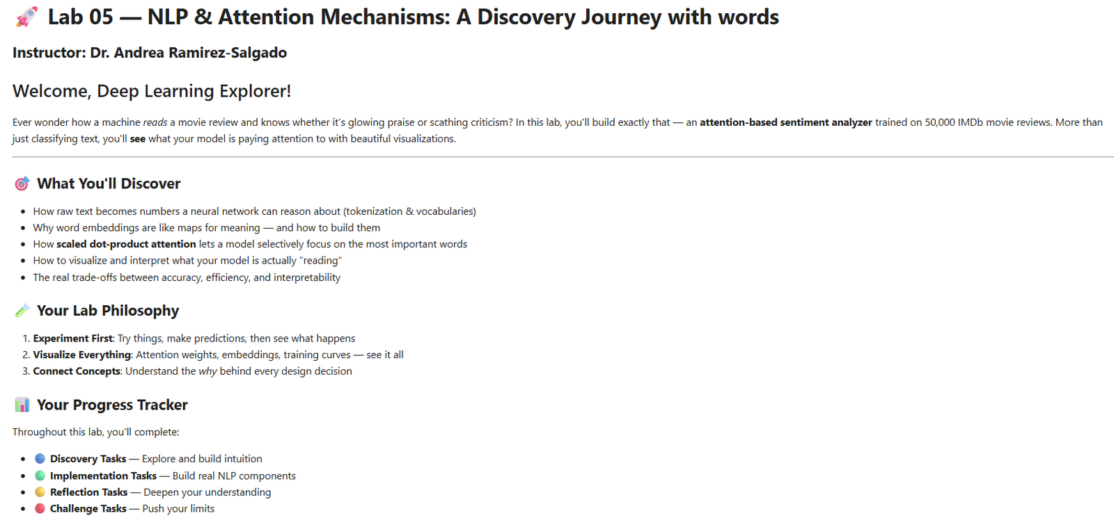 Tiered deep learning laboratory with discovery, implementation, reflection, visualization, and challenge tasks